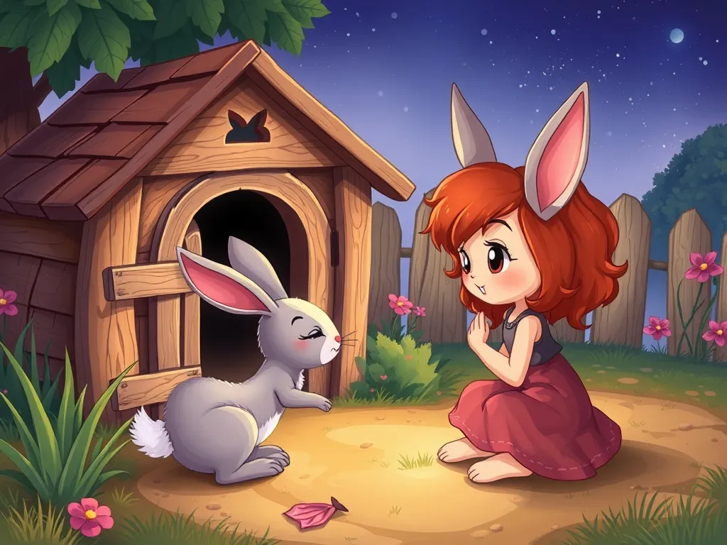 Luna's Sharing Summer - Luna comforting nervous rabbit near dim shed