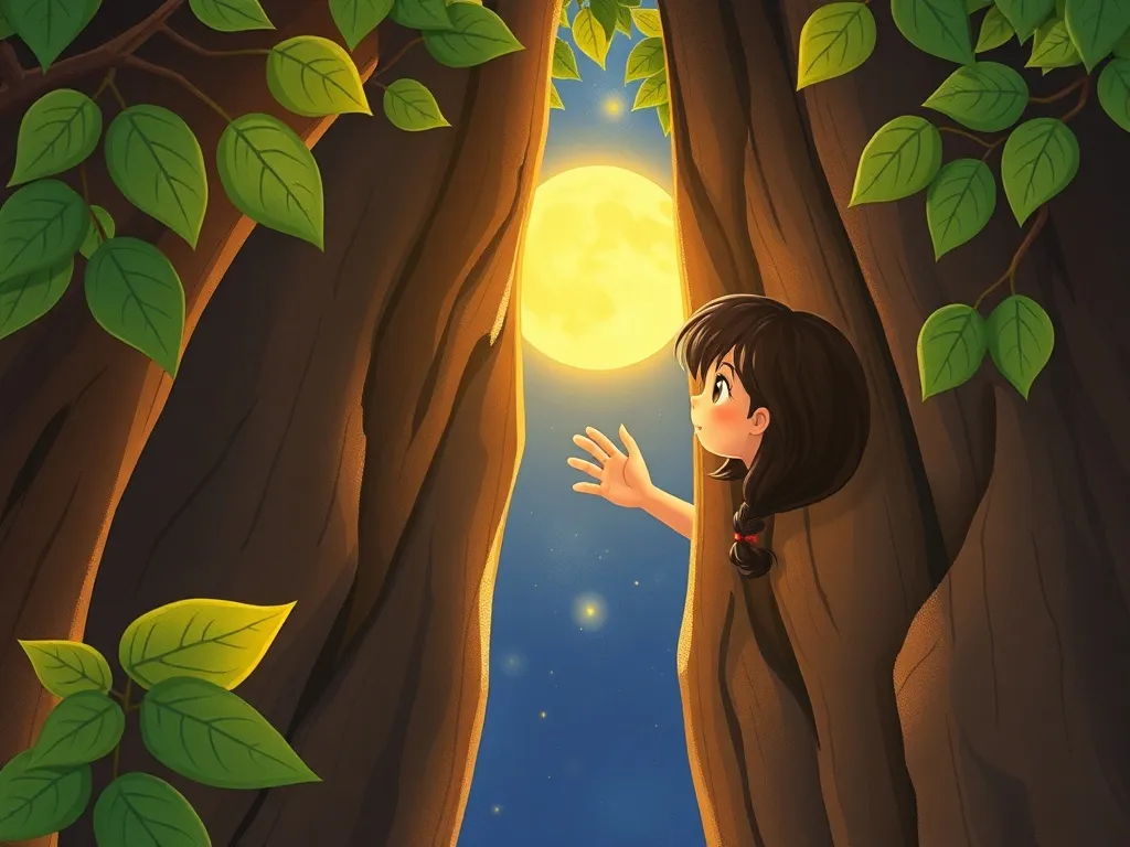 Luna's Tall Tree Friend: A Valley Giants Tale - Luna discovering giant's gentle hand through parted branches