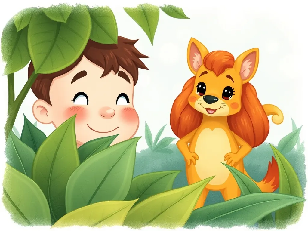 Luna's Tall Tree Friend: A Valley Giants Tale - Oliver's kind face peeking through leaves as Luna stands confidently