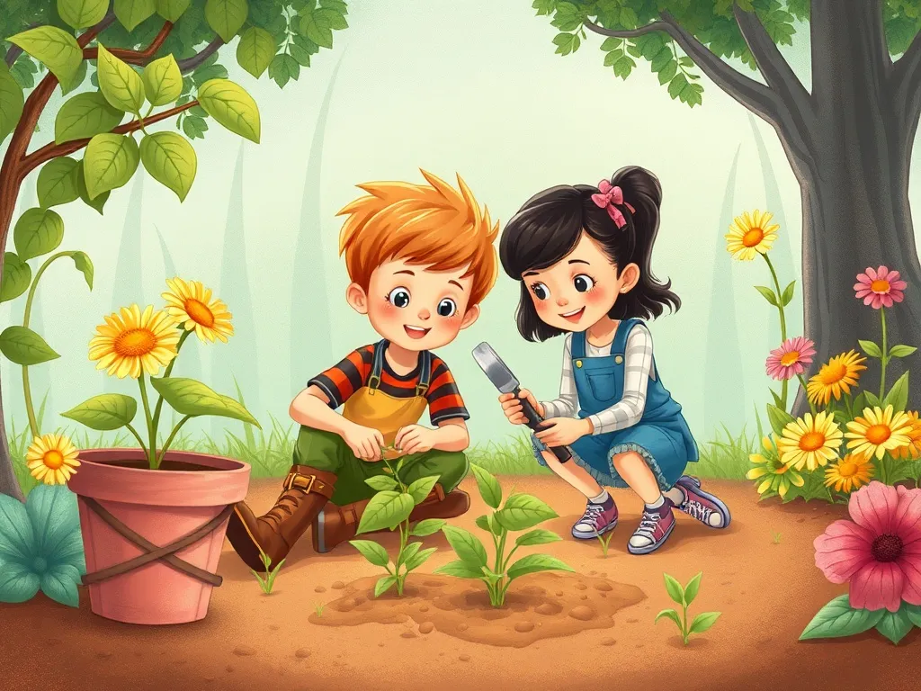 Luna's Tall Tree Friend: A Valley Giants Tale - Oliver and Luna gardening together, showcasing their unique abilities