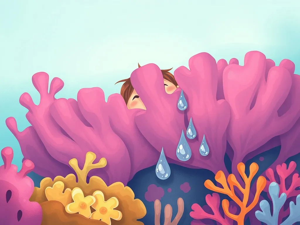 Marina's Courage in the Kelp Forest - Marina hiding behind purple coral reef with tears streaming