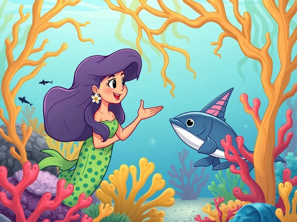 Marina's Courage in the Kelp Forest - Shelly teaching Marina while gesturing toward the kelp forest