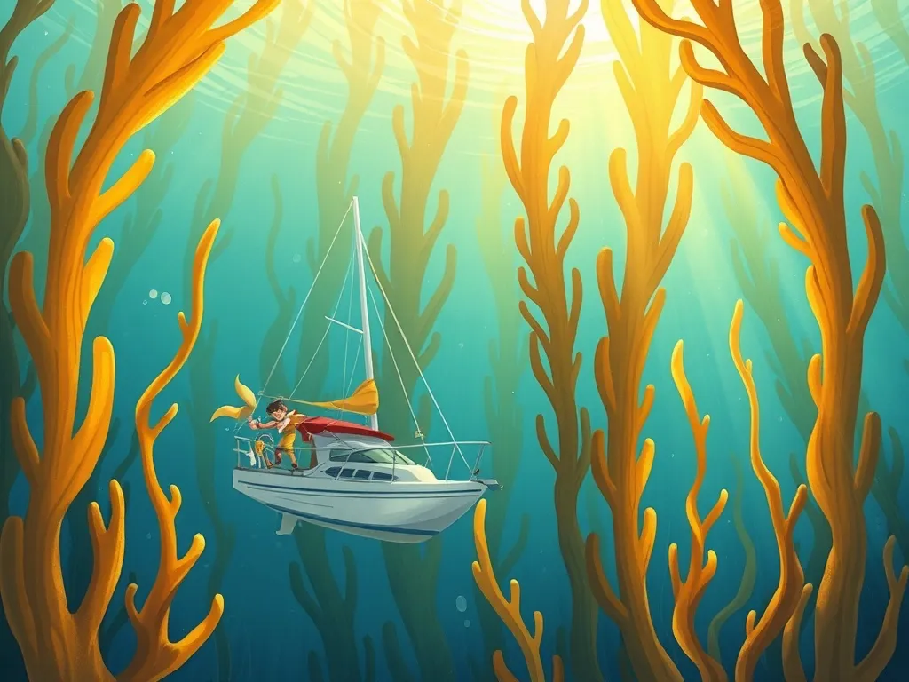 Marina's Courage in the Kelp Forest - Marina swimming through towering kelp with golden light filtering down