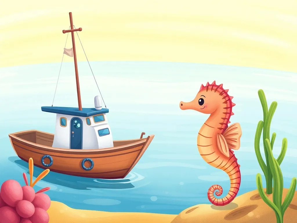 Marina's Courage in the Kelp Forest - Marina smiling warmly at shy seahorse at clearing edge