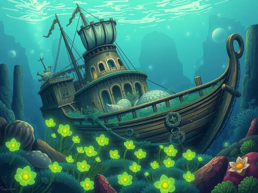 Marina's Garden of Questions - Ancient shipwreck changed into underwater garden with glowing green flowers