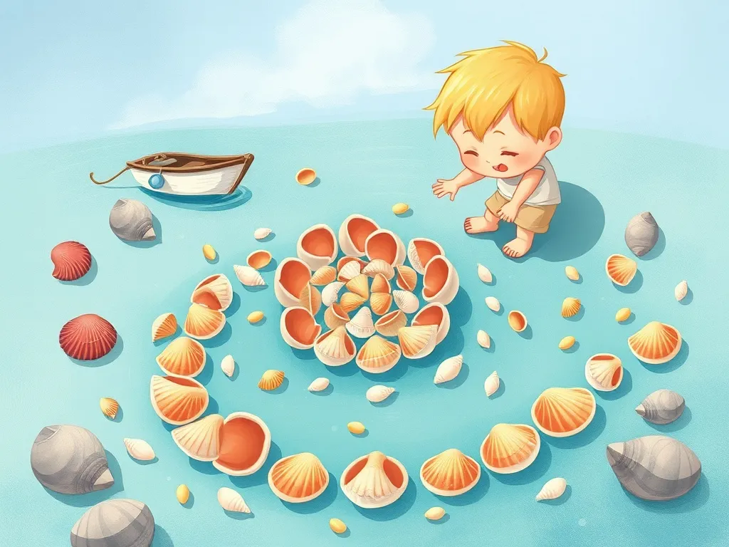 Marina's Garden of Questions - Marina trying unsuccessfully to arrange shells in spiral with scattered messy results