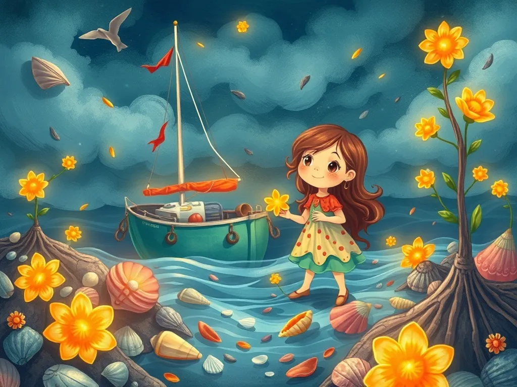 Marina's Garden of Questions - Marina and Shelly surrounded by storm scattered shells and uprooted glowing flowers