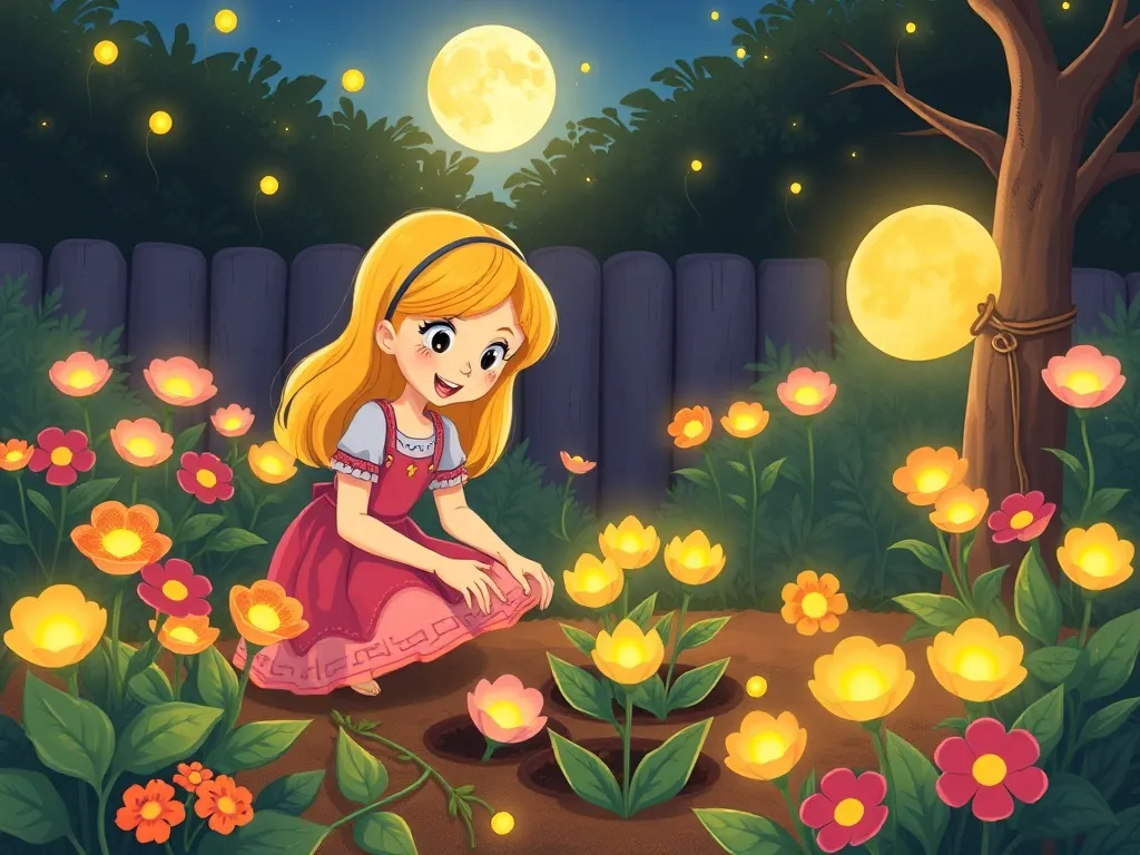 Marina's Garden of Questions - Marina and Shelly working together replanting glowing moon blooms in restored garden