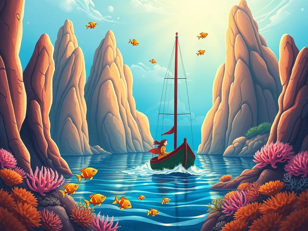 Marina's Promise - Marina navigating between towering coral formations while fish guide her path