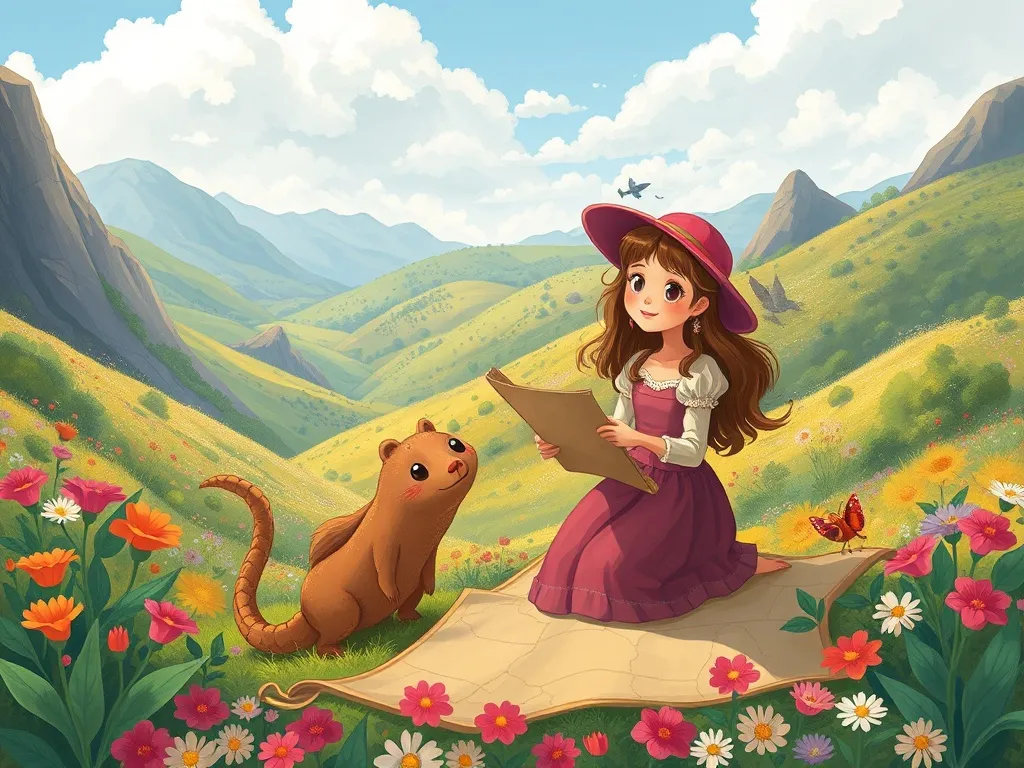 Marina's Promise - Marina mapping the flower filled valley with the creature beside her
