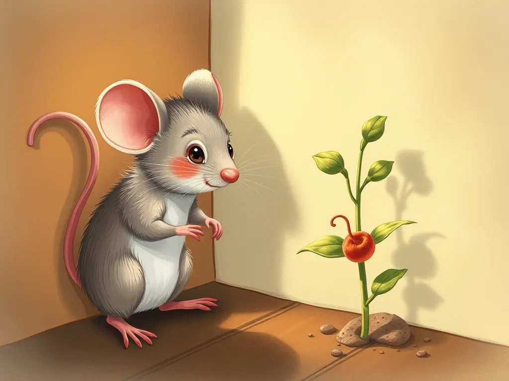 Max and the Sunflower Symphony - Mouse discovering wilted seedling in quiet corner