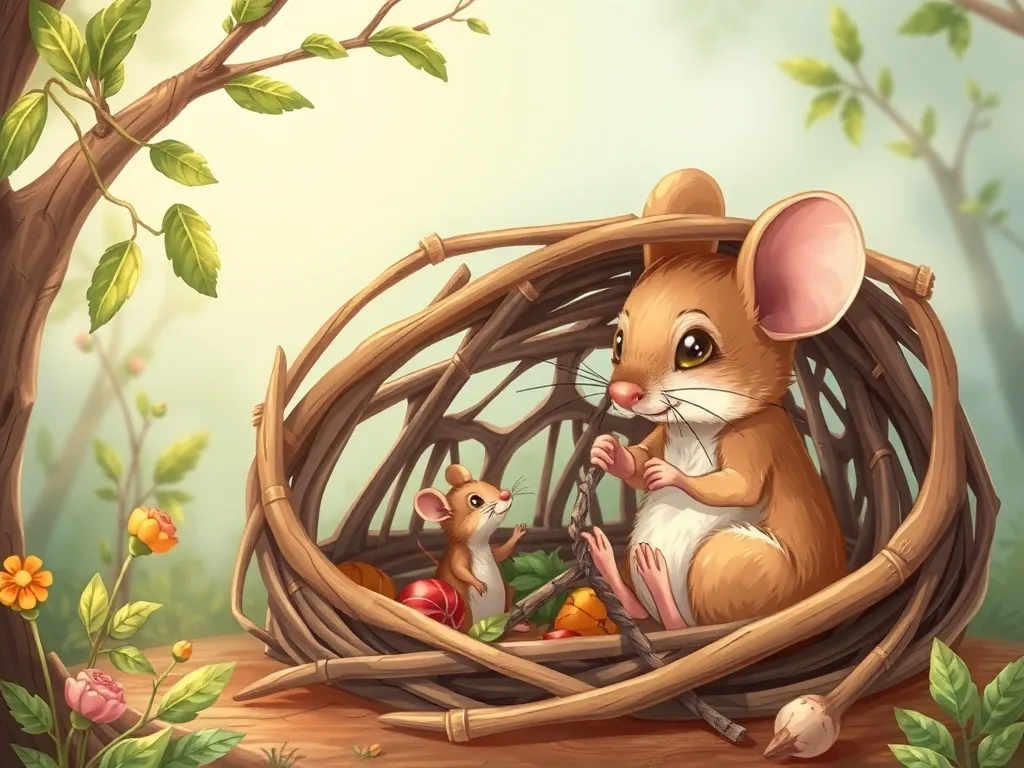 Max and the Sunflower Symphony - Mouse carefully building intricate twig shelter
