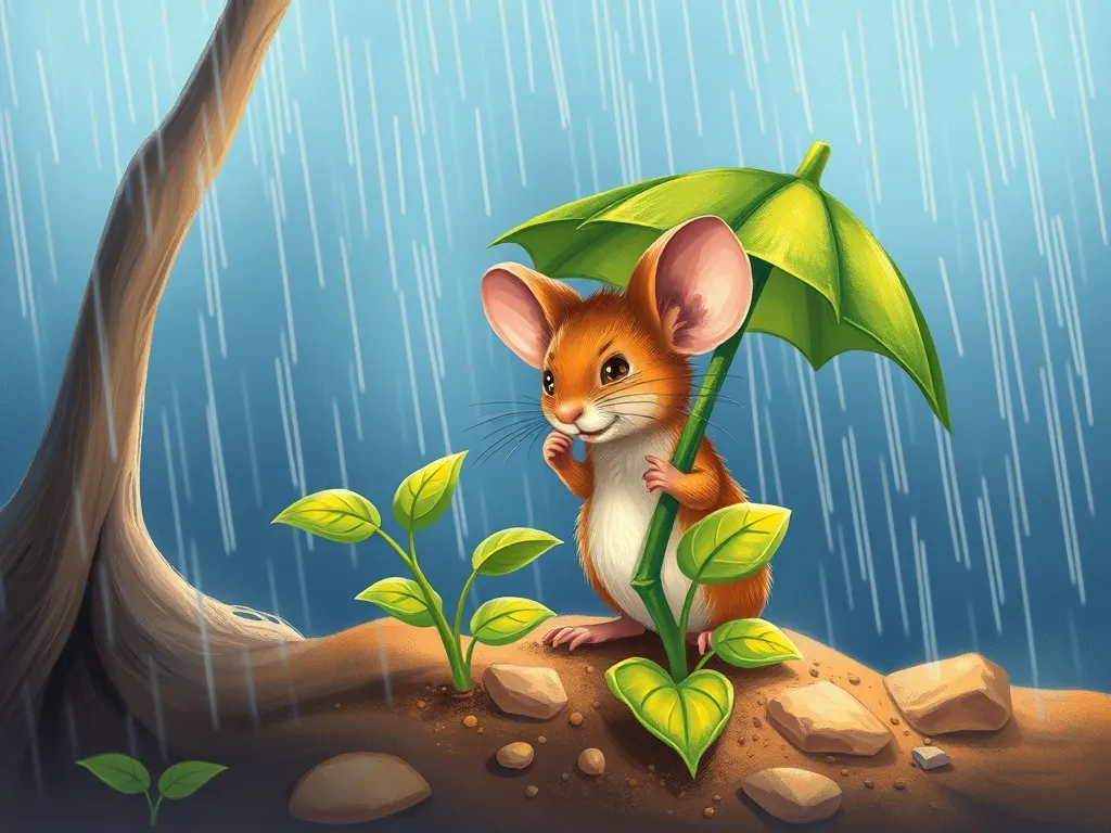 Max and the Sunflower Symphony - Mouse protecting plant from rain with leaf umbrella
