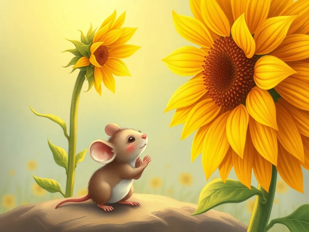 Max and the Sunflower Symphony - Mouse gazing up at first golden sunflower bud