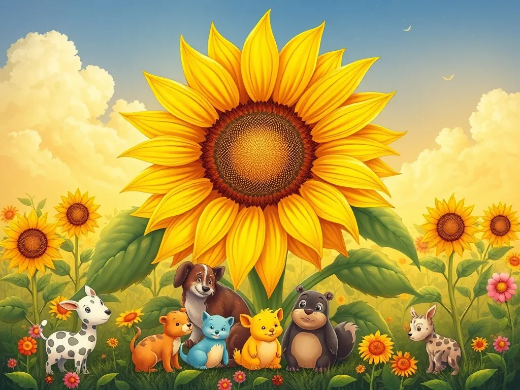 Max and the Sunflower Symphony - Magnificent sunflower with animals gathered below