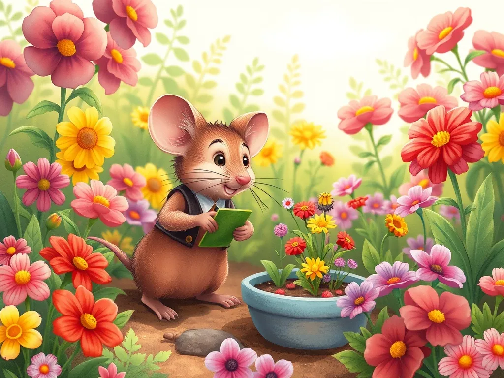 Max and the Sunflower Symphony - Mouse teaching garden class in flourishing flower patch