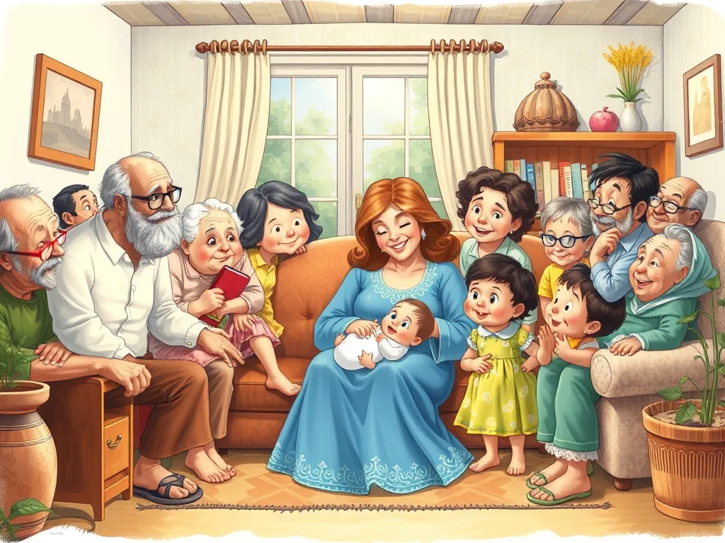 Maya's Brave Heart - Crowded living room with relatives surrounding Mom and baby