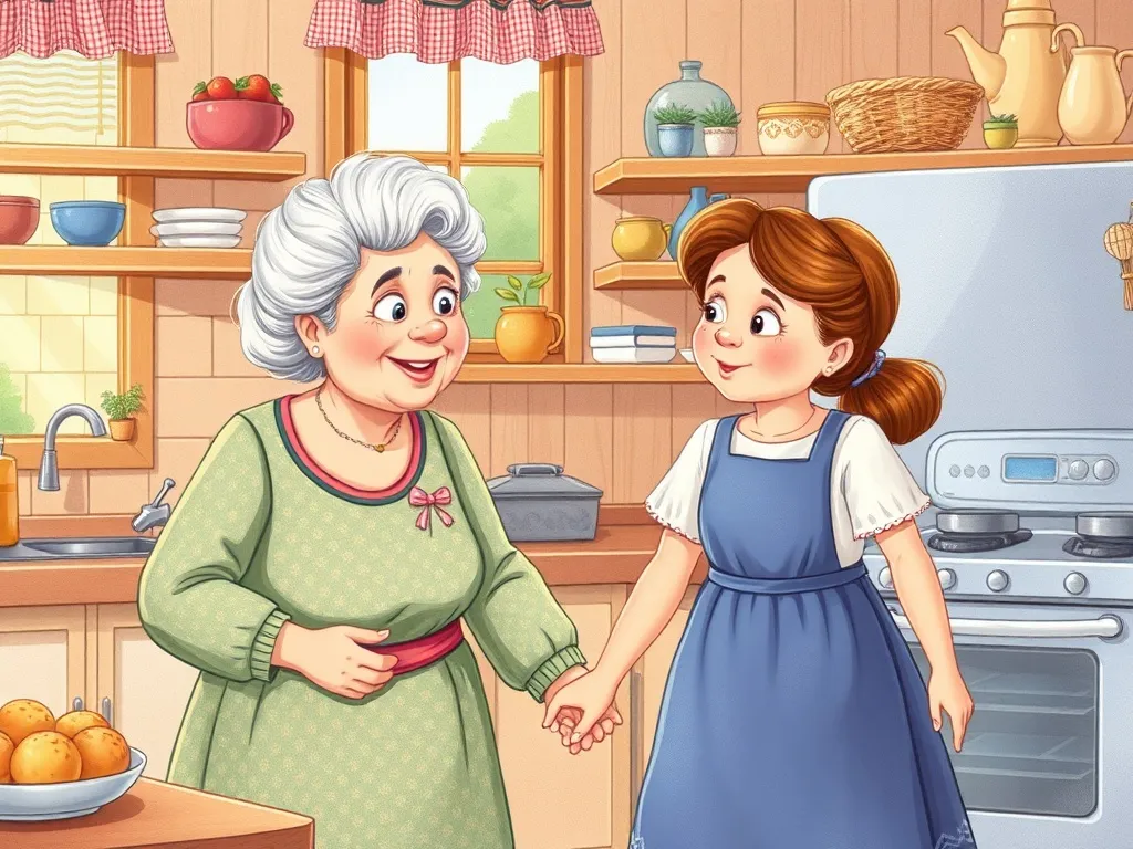 Maya's Brave Heart - Grandma and Maya holding hands in morning kitchen