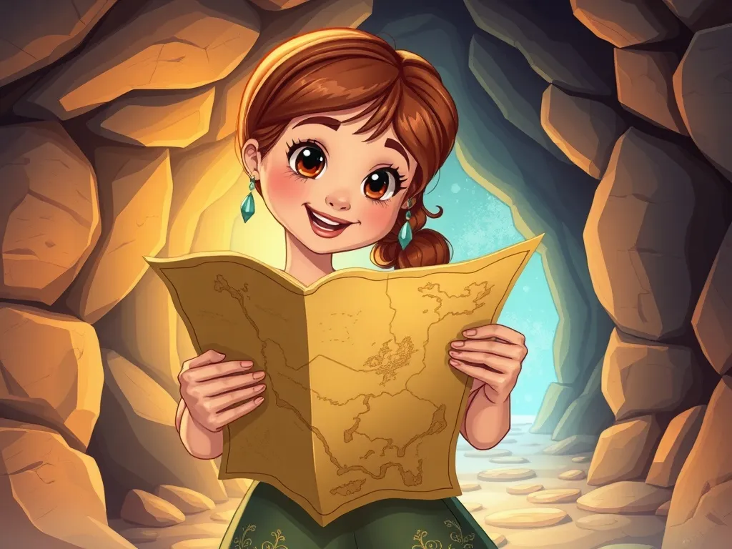 Maya's Map to Courage - Maya holding the old map in crystal-lit passage