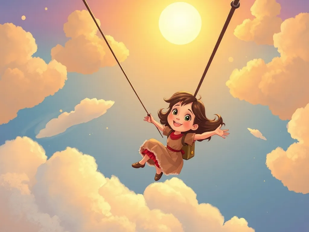 Maya's Summit Secret - Maya soaring down zipline toward golden clouds
