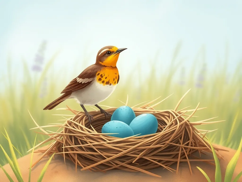 Melody's Garden Dance - Prairie-lark nest with three blue eggs in morning light