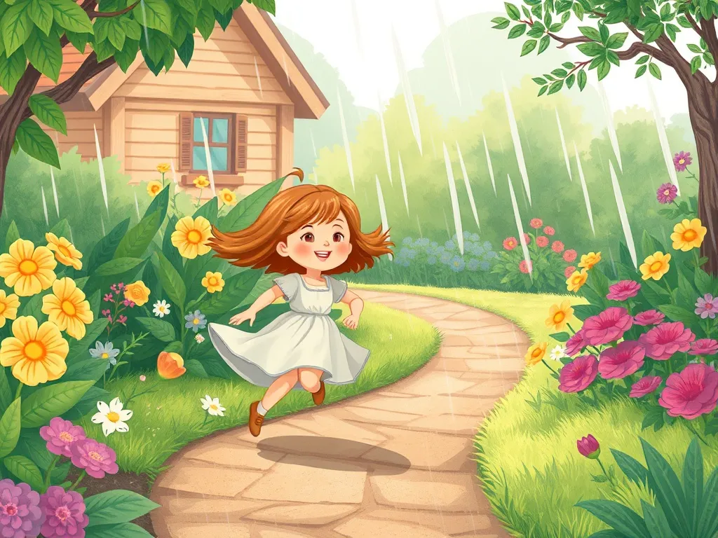 Melody's Garden Dance - Melody running through garden in light rain