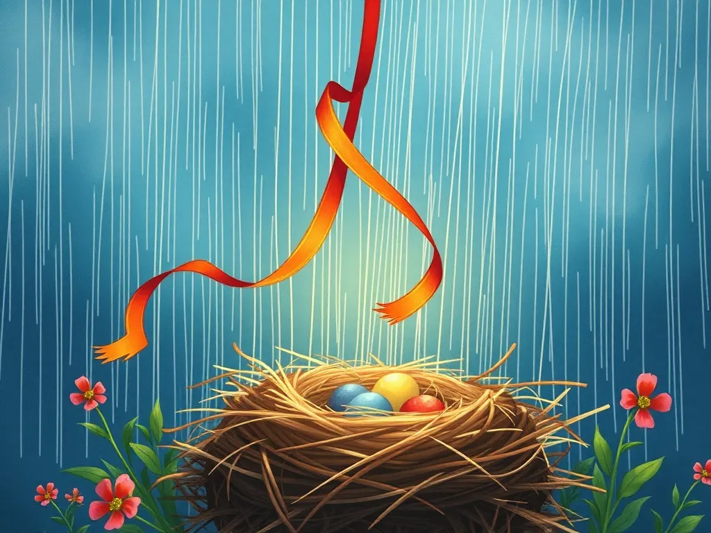 Melody's Garden Dance - Melody stretching ribbon above nest in rain