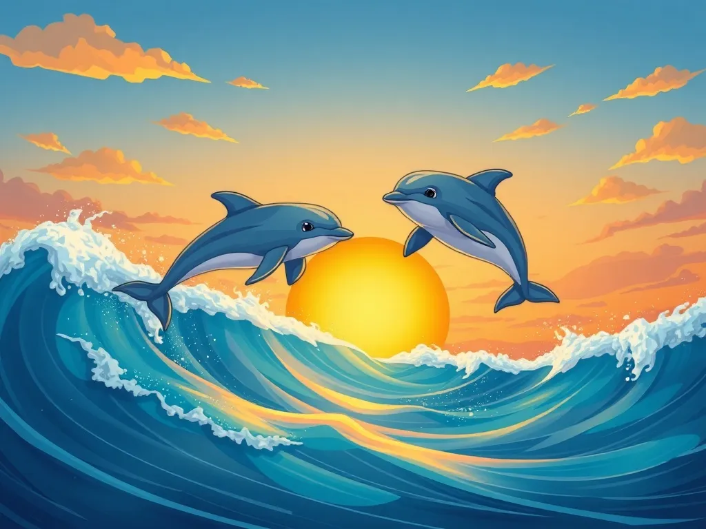 Mia's Beach of Brave Questions - Dolphins dancing through sunset waves