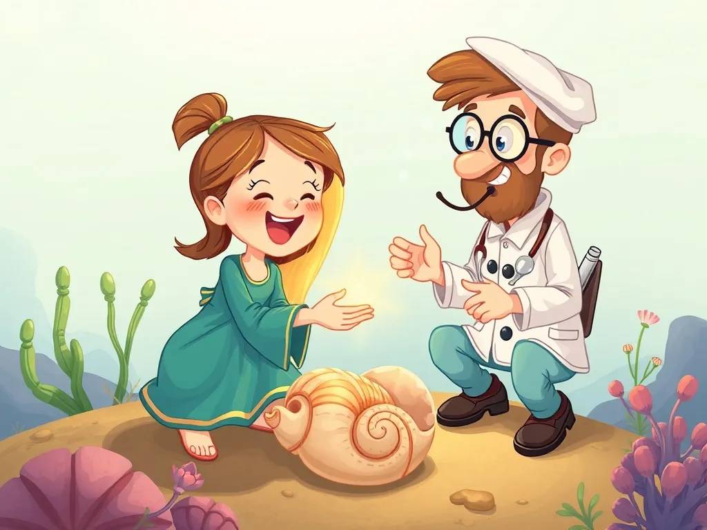 Mia's Beach of Brave Questions - Mia sharing shell with excited biologist