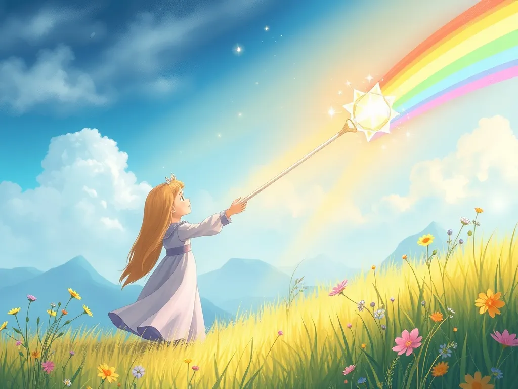 Mia's Colorful Truth: A Summer Solstice Tale - Crystal scepter casting rainbow light through meadow