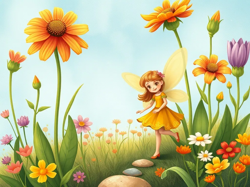 Mia's Colorful Truth: A Summer Solstice Tale - Tiny fairy leading girl through towering flowers
