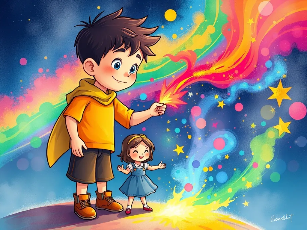 Mia's Colorful Truth: A Summer Solstice Tale - Giant boy and small girl mixing magical colors