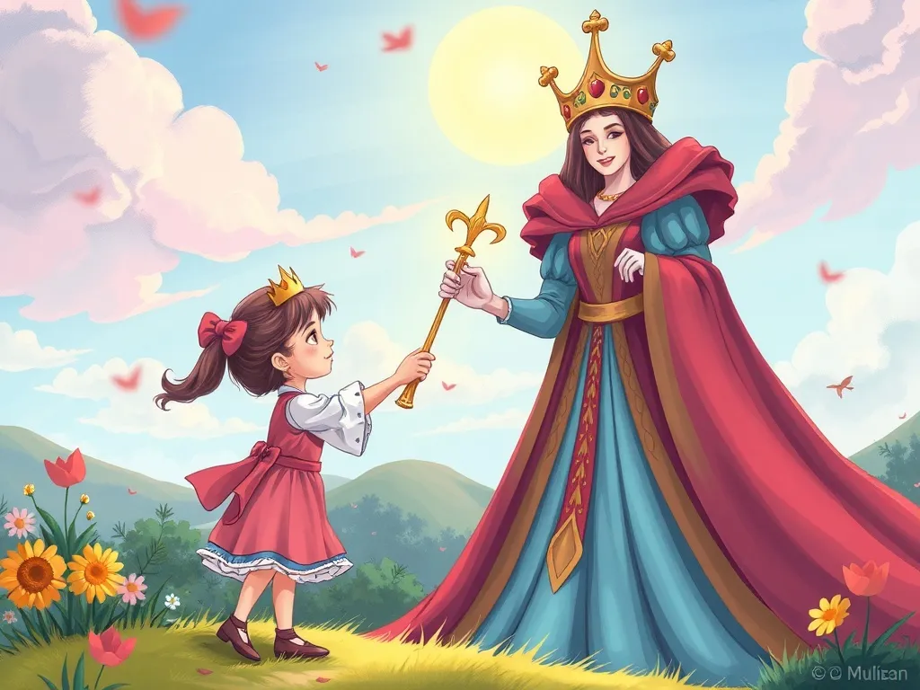 Mia's Colorful Truth: A Summer Solstice Tale - Girl presenting scepter to towering Giant Queen