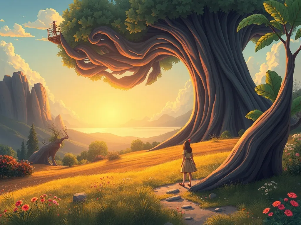 Mia's Colorful Truth: A Summer Solstice Tale - Giant and girl painting massive summer landscape