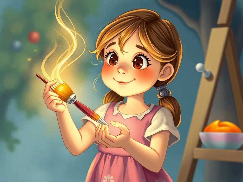 Mia's Colorful Truth: A Summer Solstice Tale - Magical paintbrush glowing in girl's hands