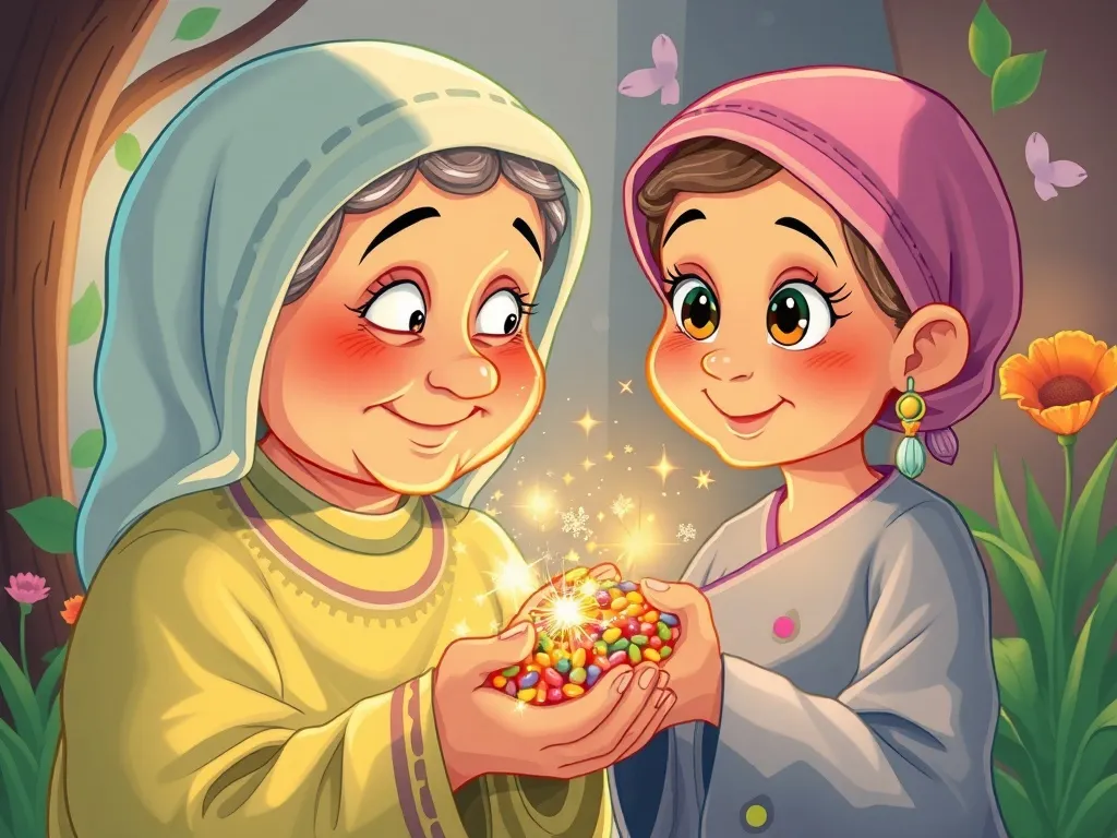 Mia's Rainbow Garden Masterpiece - Grandmother presenting sparkling rainbow seeds to wide-eyed Mia