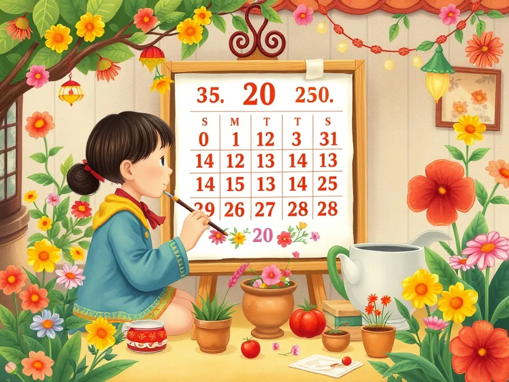 Mia's Rainbow Garden Masterpiece - Mia and Mrs. Chen painting a decorated garden calendar