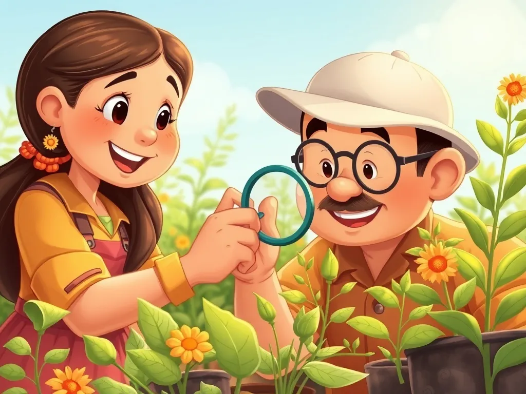Mia's Rainbow Garden Masterpiece - Mia and Mr. Rodriguez examining plants with magnifying glass