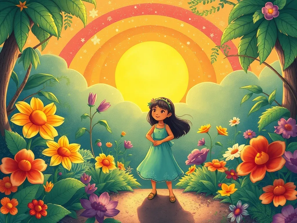 Mia's Rainbow Garden Masterpiece - Mia standing proudly in her shimmering rainbow garden