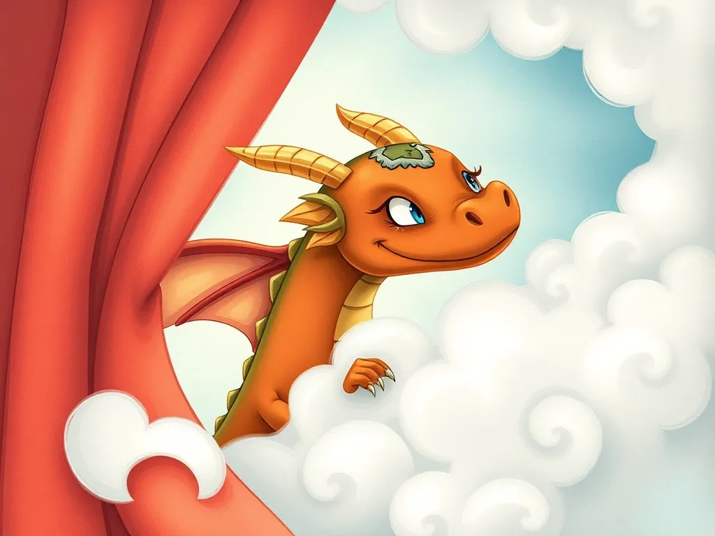 Mia's Rainbow Truth - Dragon with tearful eyes hiding behind swirling cloud curtain