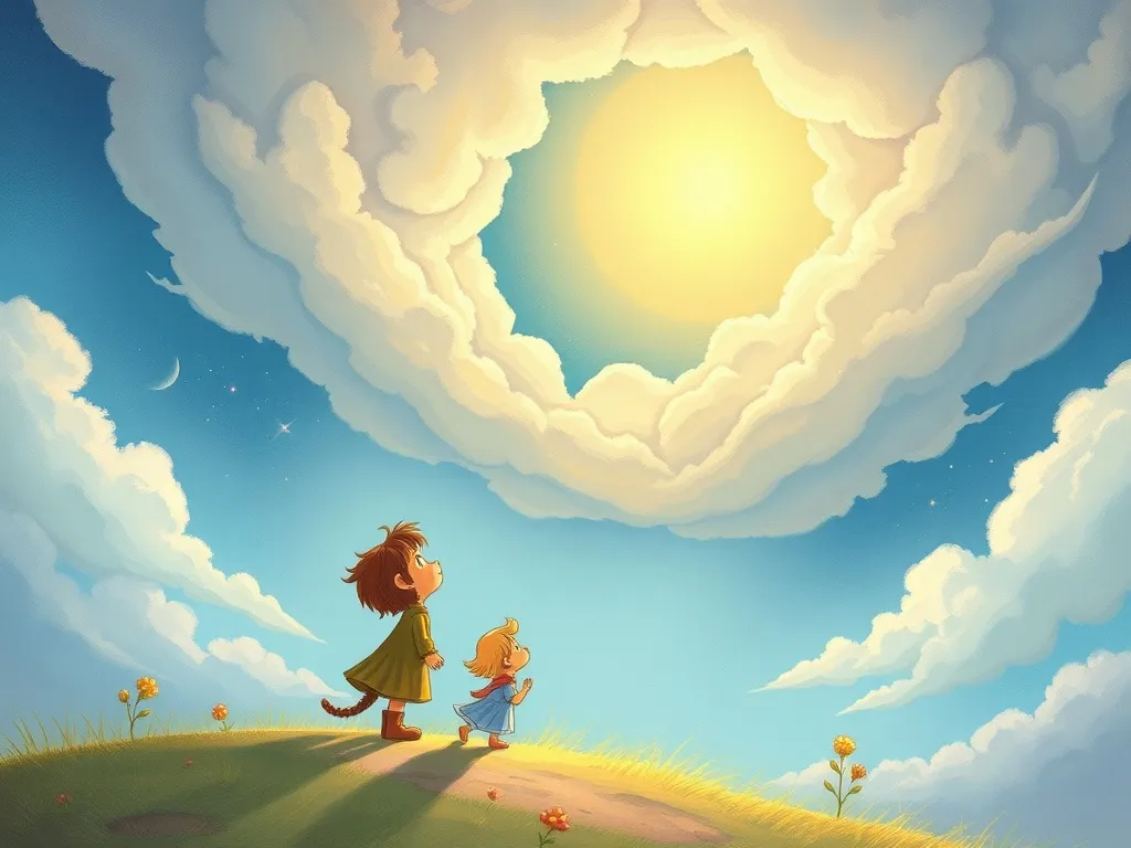 Mia's Rainbow Truth - Mia and Wisp staring up at a long rip in the cloud ceiling