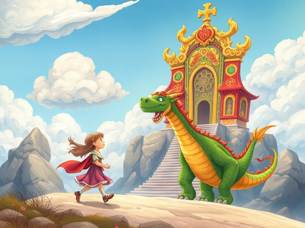 Mia's Rainbow Truth - Girl and dragon walking bravely toward ornate cloud throne