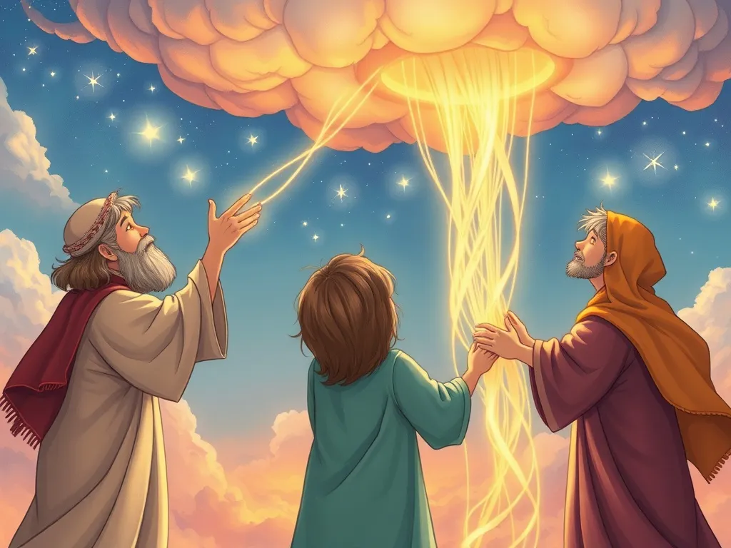 Mia's Rainbow Truth - Three figures weaving glowing strands to repair cloud ceiling