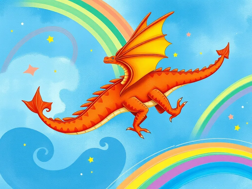 Mia's Rainbow Truth - Dragon flying graceful patterns as artist paints rainbow trails