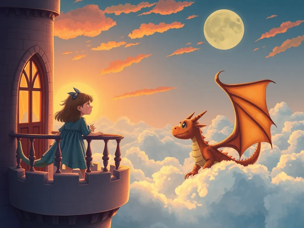 Mia's Rainbow Truth - Girl and dragon watching sunset from cloud castle balcony
