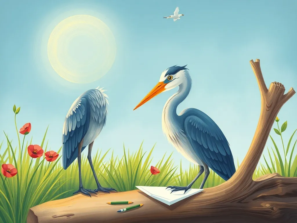 Mia's River Responsibility - Blue heron posing while Mia draws with complete focus