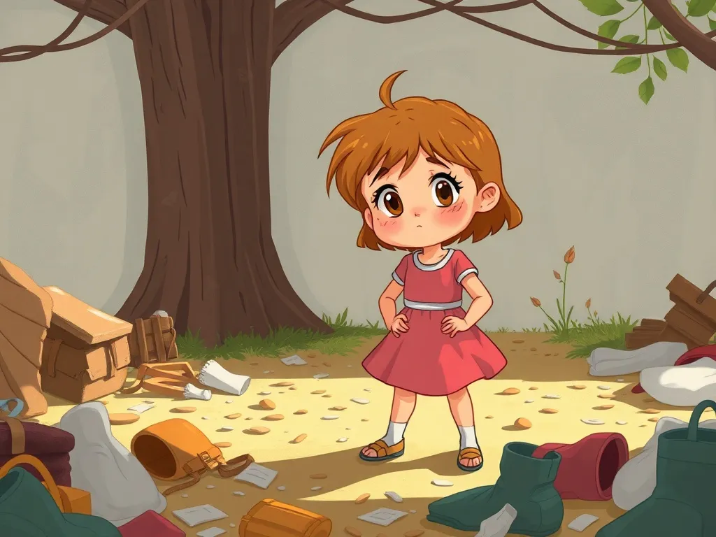 Mia's River Responsibility - Mia standing amid scattered litter, looking distressed