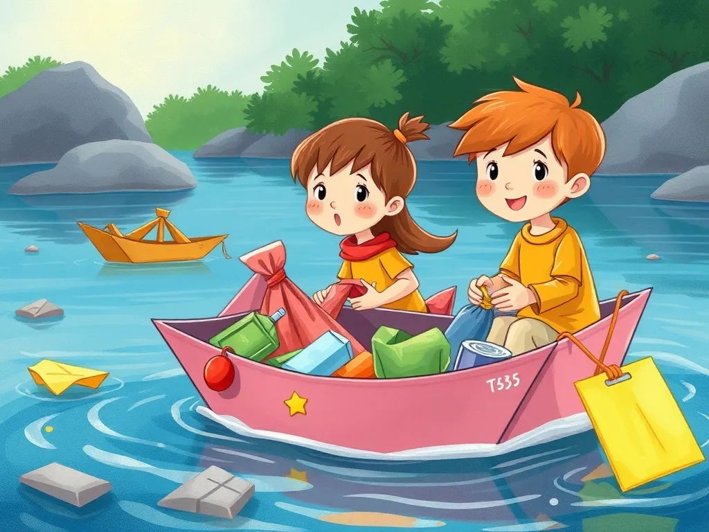 Mia's River Responsibility - Children guiding decorated paper boats collecting trash