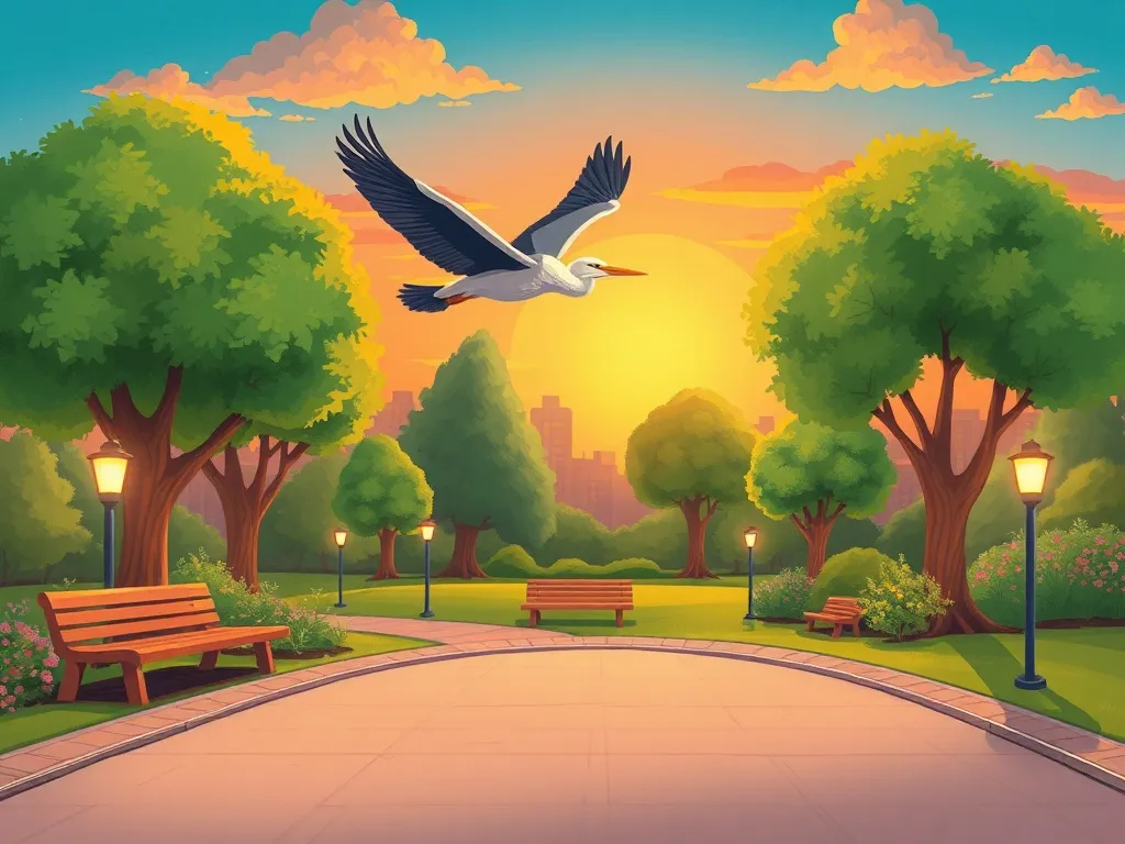 Mia's River Responsibility - Clean park at sunset, heron flying overhead