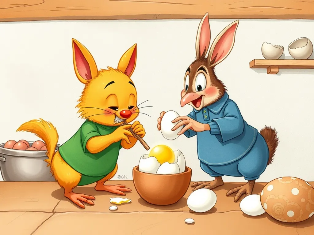 Midnight Whiskers & Mixing Bowls - Charlie making messy attempts at egg cracking while Pip demonstrates proper technique